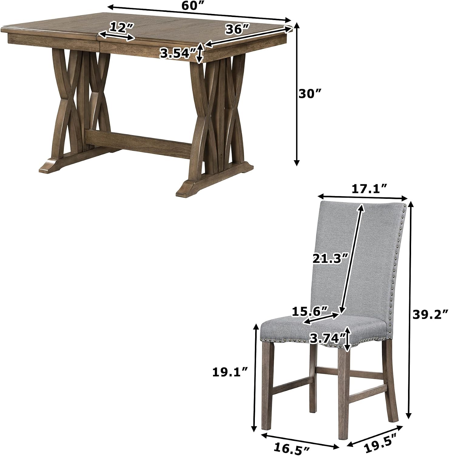 Merax Mid-Century 7-Piece Dining Table Set, Extendable Kitchen Table Set with Upholstered Chairs Set for 6, Golden Brown+Gray