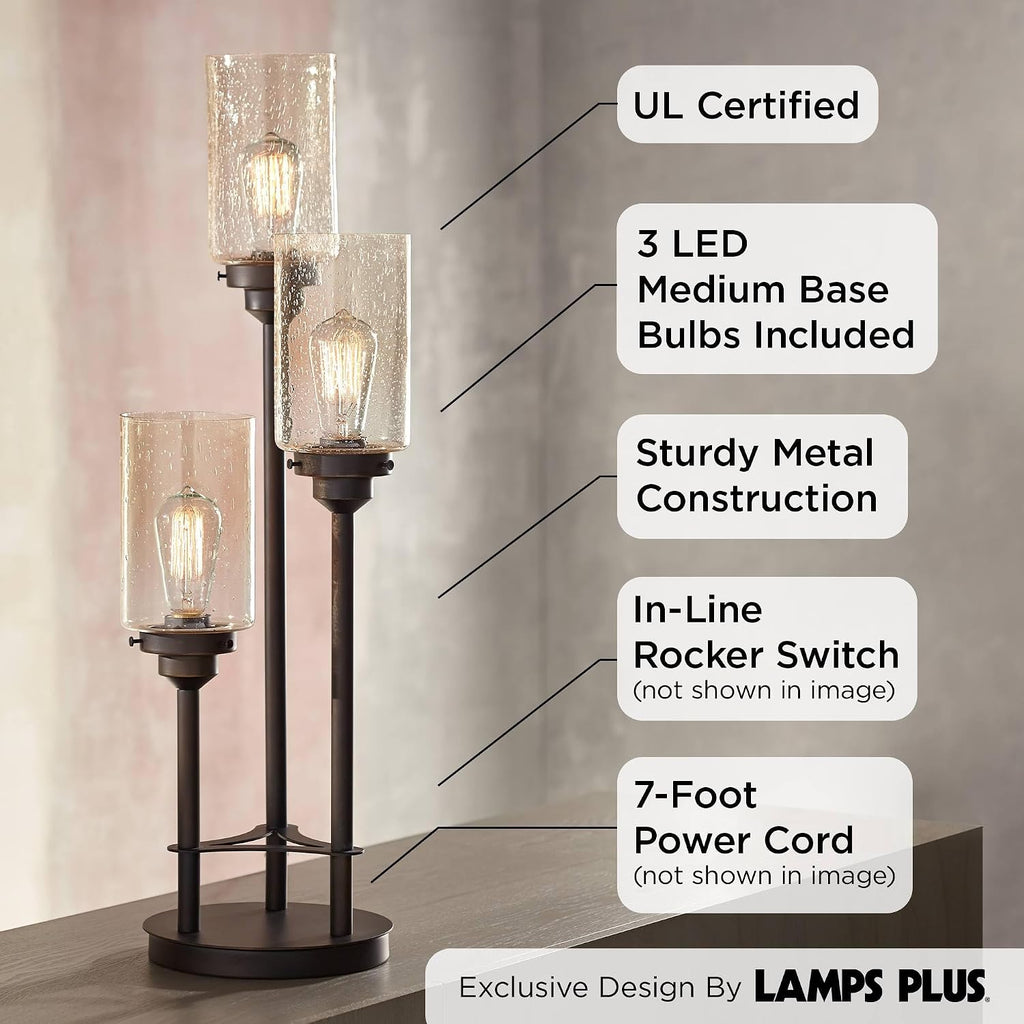 Franklin Iron Works Libby Modern Industrial Rustic Farmhouse Table Lamp 30' Tall Full Size Bronze Metal 3-Light LED Amber Seeded Cylinder Glass for Living Room Bedroom House Bedside Nightstand