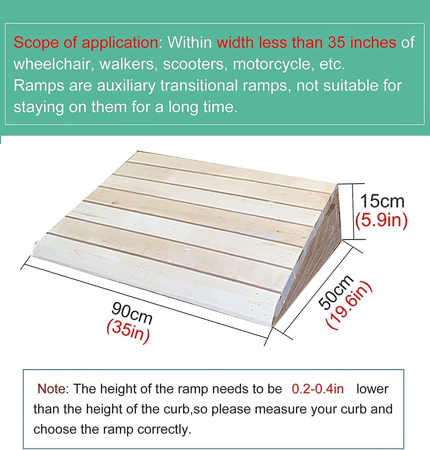 Entry Ramps for Wheelchairs for Home Stairs Garden Deck, Wooden Doorways Threshold Ramps, 10/12/14/15/16/18/20cm High, Scooters Bikes Cars(35x19.6x5.9in)