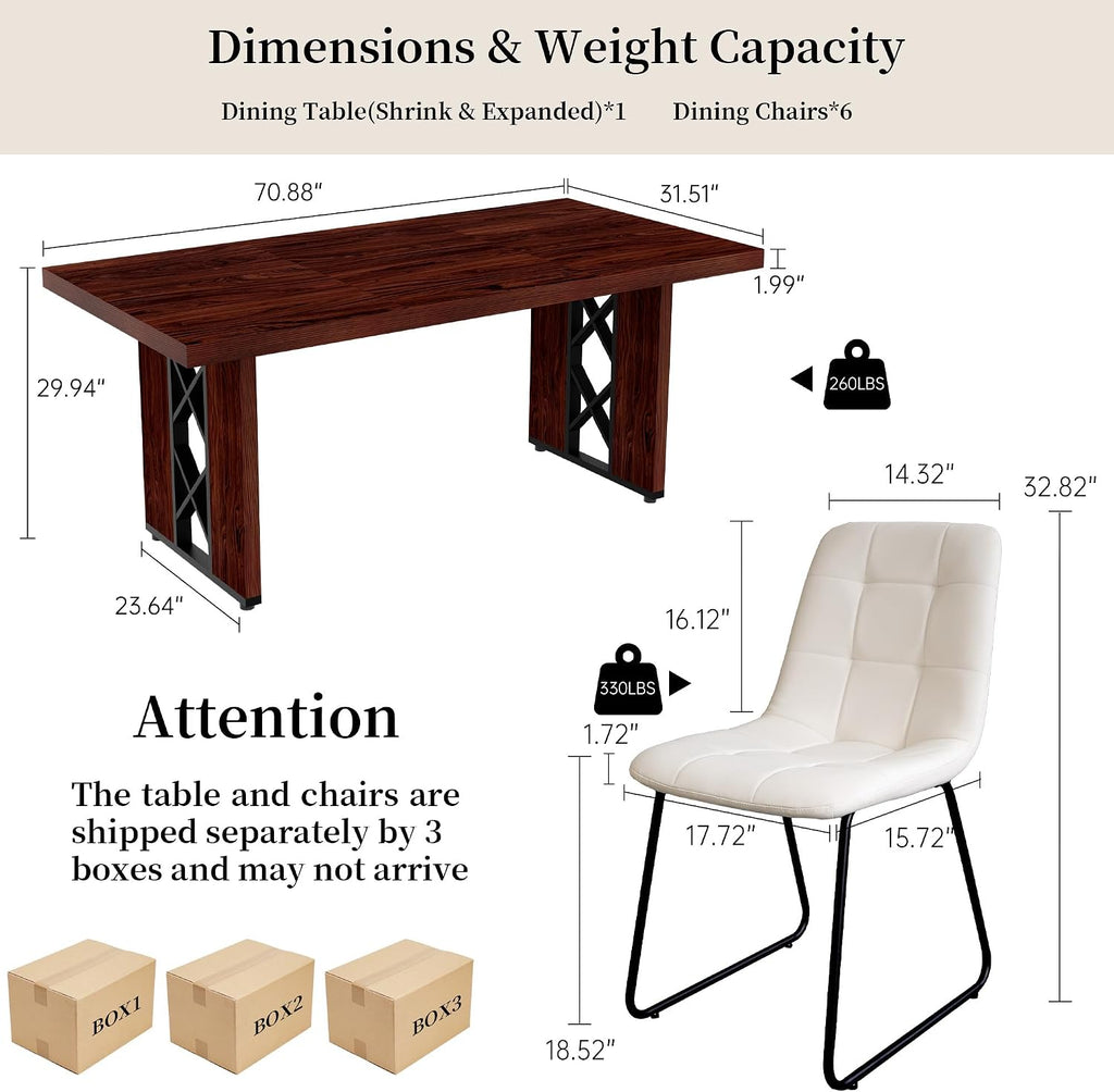 HIPIHOM 7-Piece Dining Table Set for 6 People, 70.8' MDF Kitchen Table with 6 Upholstered Chairs, Space-Saving for Dining Room, Breakfast Nook(Walnut Table+6 White Chairs