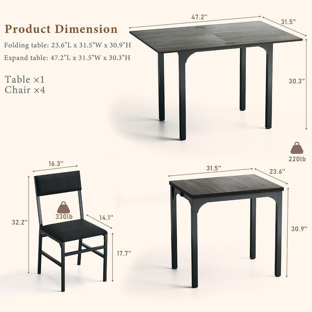 HUAHUU Dining Table Set for 4, Extendable Kitchen Table Cushion Chairs Set of 4, Rectangle Dining Table with Metal Frame & MDF Board, Folding for Small Apartment Saving Space, Gray