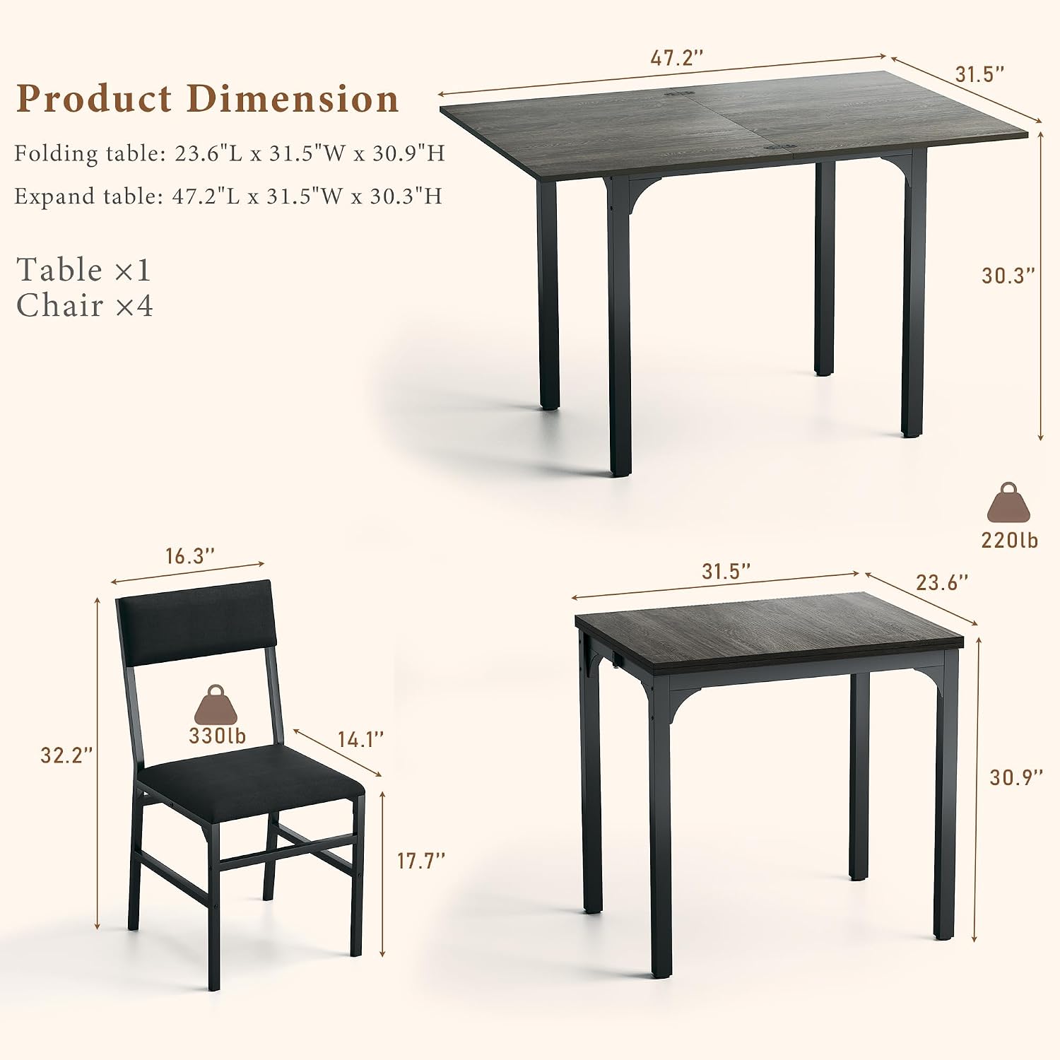 HUAHUU Dining Table Set for 4, Extendable Kitchen Table Cushion Chairs Set of 4, Rectangle Dining Table with Metal Frame & MDF Board, Folding for Small Apartment Saving Space, Gray