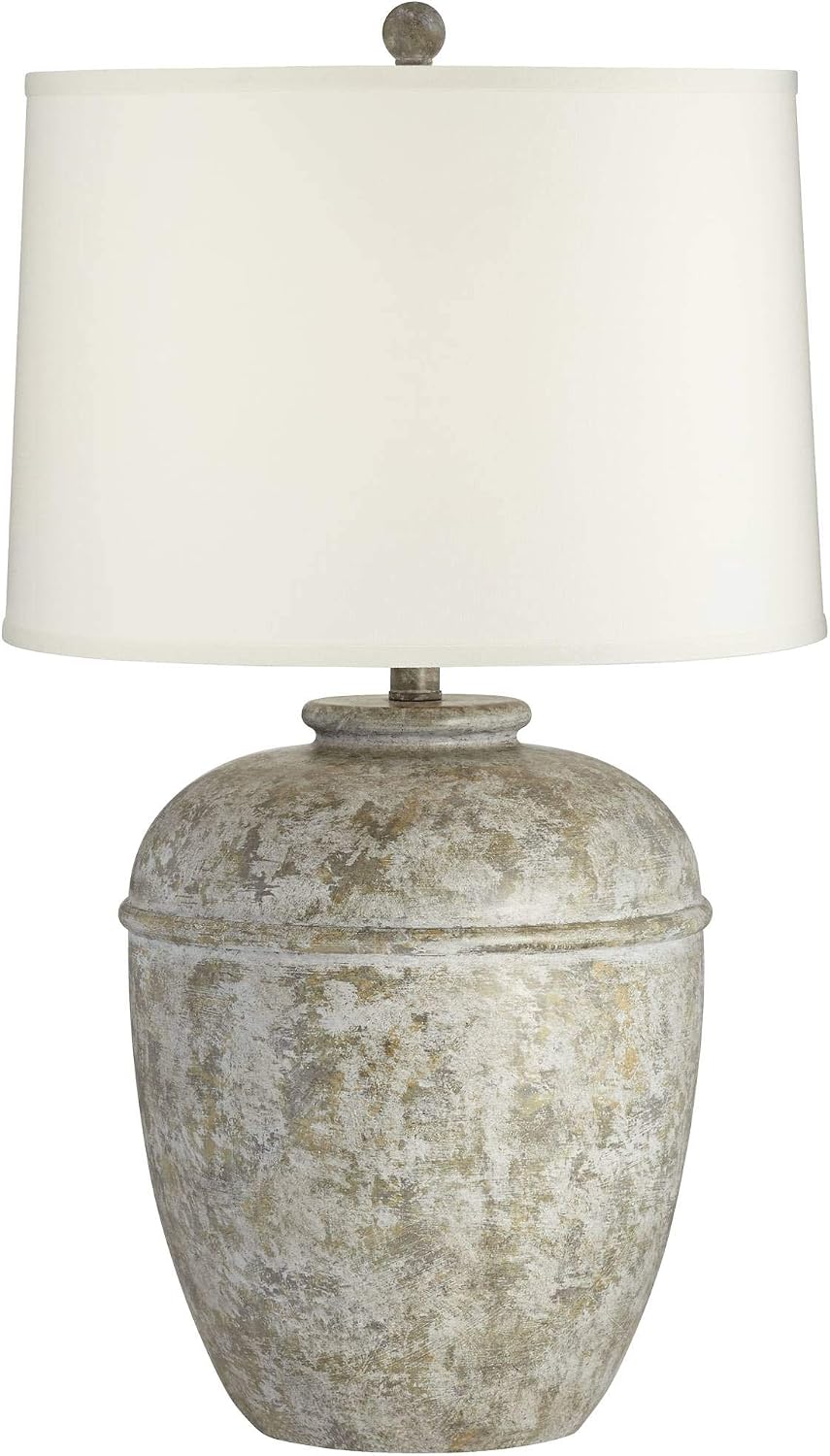 John Timberland Otero Rustic Southwestern Style Table Lamp 27' Tall Gray Faux Mottled Stone Jug Cream Linen Drum Shade Decor for Living Room Bedroom Bedside Nightstand Office Entryway Reading
