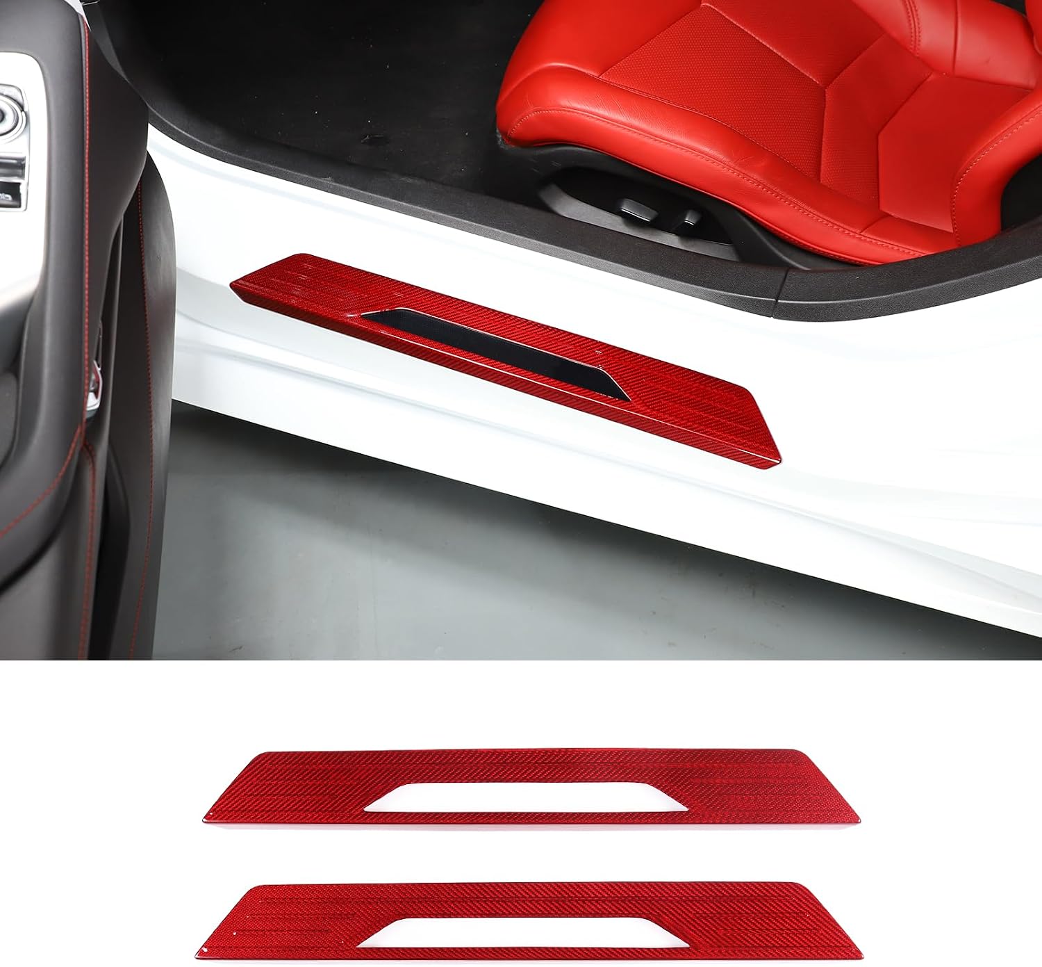 Real Carbon Fiber Door Sill Protectors Compatible with Chevrolet Corvette C8 2020-2026, Door Sill Guard Trim Cover, Threshold Strip Door Entry Guard Decorative Strip 2Pcs (Red)