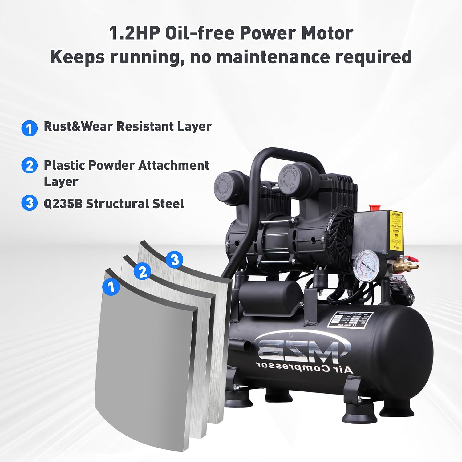 MZB 2.4 Gallon Ultra Quiet Air Compressor 110V/60Hz 1.2HP 5.65CFM, MAX 115PSI Steel Tanks Oil-Free 70dB Noise Level Air Compressor for Spray Painting, Auto Repair, Carpentry Decoration