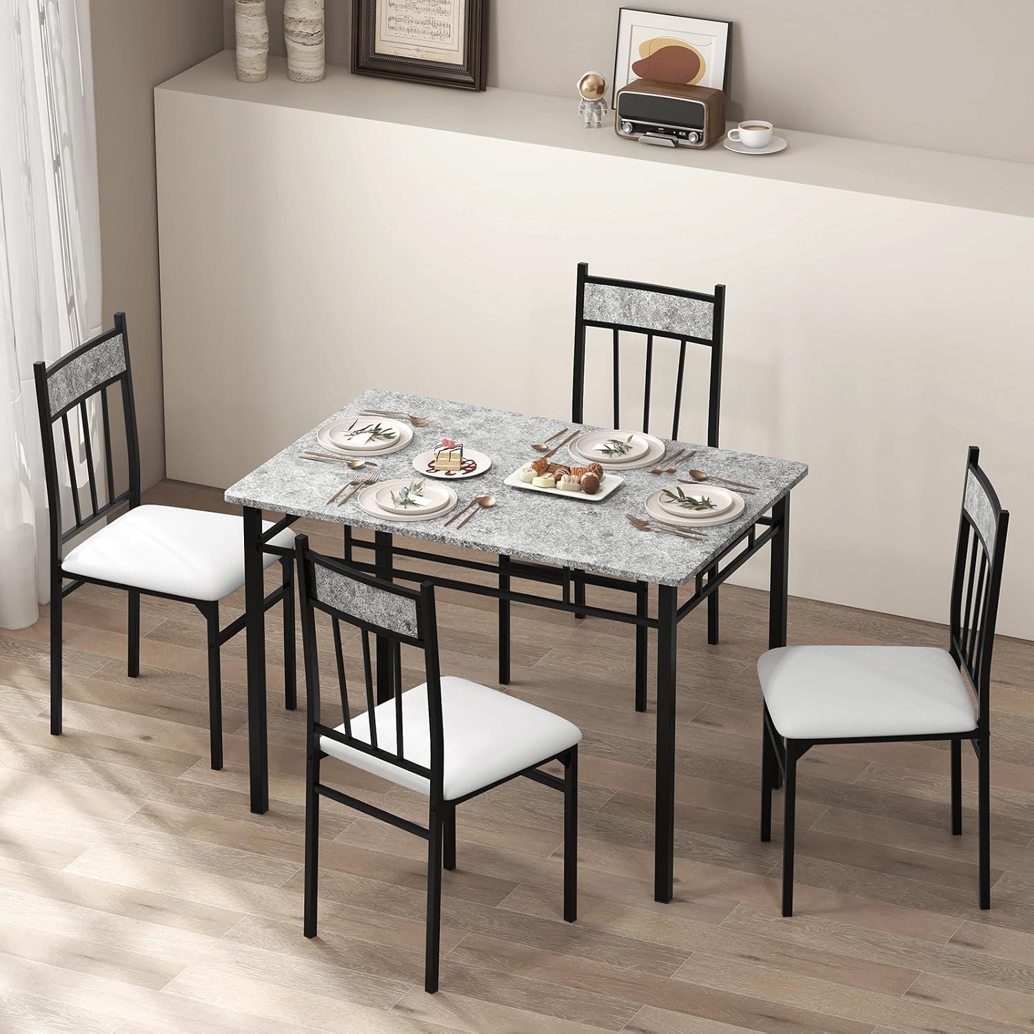 Tangkula Dining Table Set for 4, Kitchen Table and Chairs Set with Metal Frame & Padded Seat, Dining Table and Chairs Set of 4 for Dining Room, Space Saving
