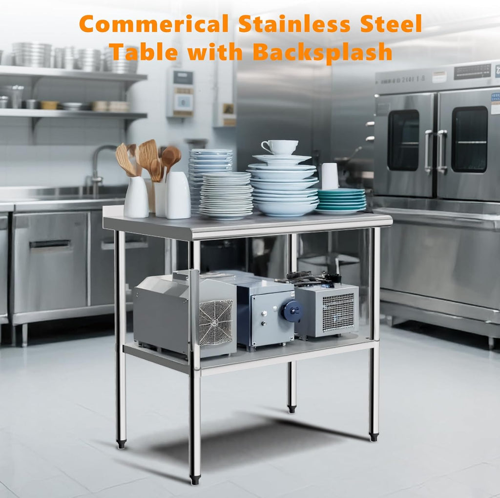 ROVSUN 36'' x 24'' Stainless Steel Table for Prep & Work,Commercial Worktables & Workstations, NSF Heavy Duty Metal Table with Adjustable UnderShelf & Backsplash for Kitchen, Restaurant,Home,Hotel