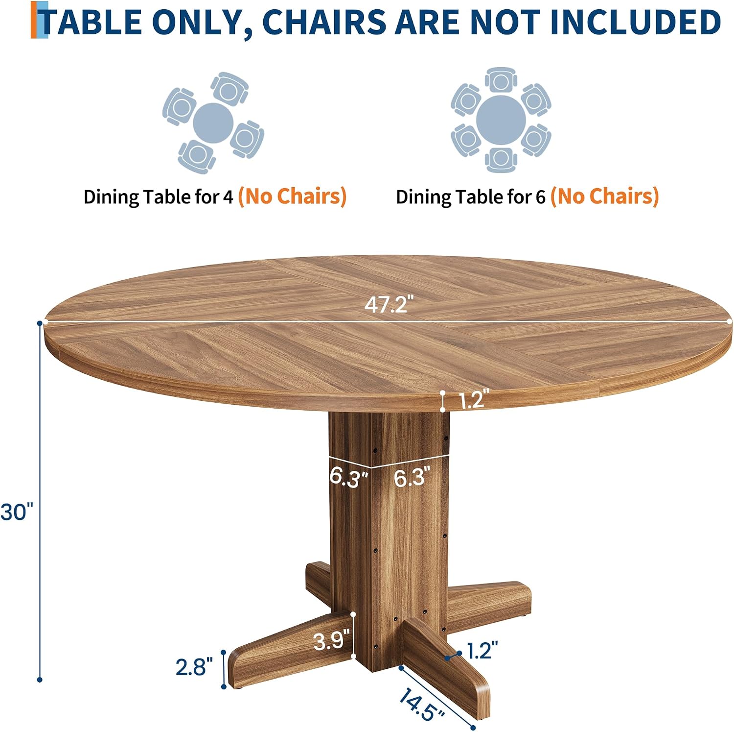 IDEALHOUSE Round Dining Table for 4-6 People, 47' Wood Kitchen Table with Sturdy Pedestal Base, Farmhouse Circle Dinner Tables for Dining Room, Living Room, Apartment, Walnut