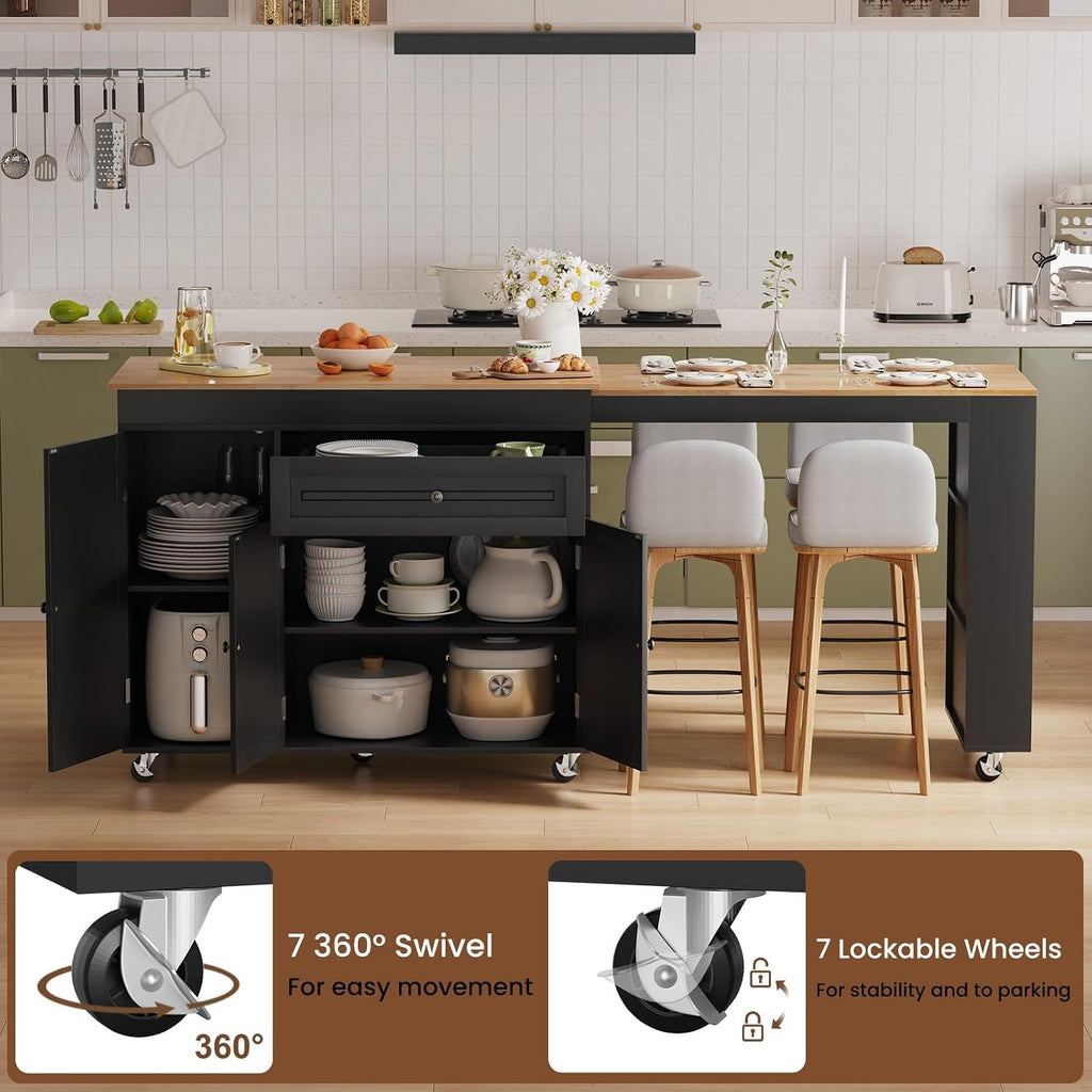 83' Expandable Kitchen Island on Wheels with Storage & Dining Table, Mobile Kitchen Cart with Cabinet, 3 Shelves & Drawers, Black (Extends from 48.4' to 82.6') (Black)