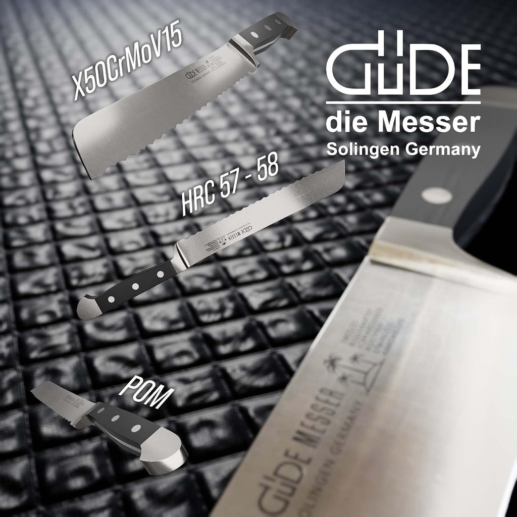 Güde Alpha Series Hand Forged/Sharpened Bread Knife Knife With Black Hostaform Handle 8-In, Made in Solingen, Germany Since 1910