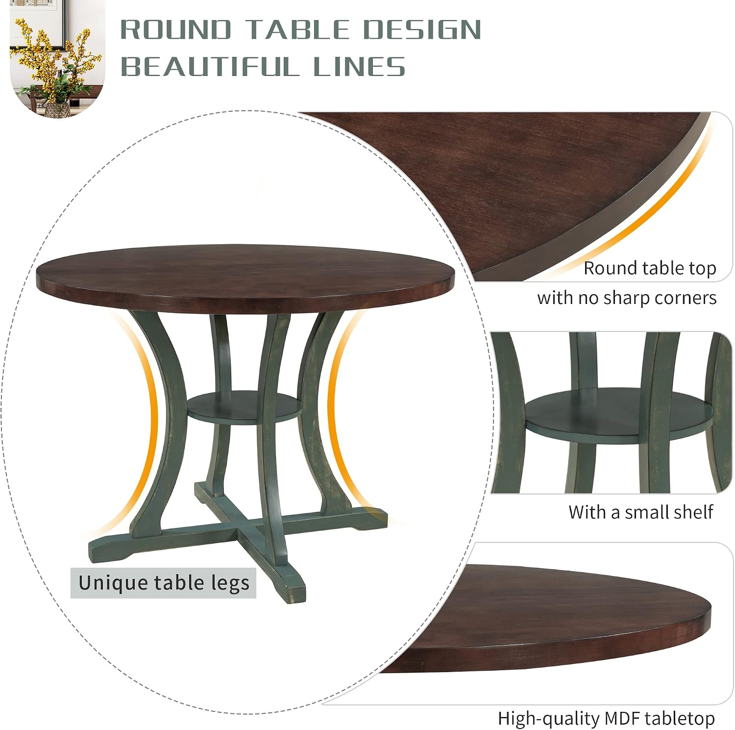 LUMISOL 5-Piece Dining Table Set for 4, Farmhouse Round Kitchen Table Set with Special Shaped Legs and 4 Upholstered Chairs for Kitchen, Dining Room, Small Space, Antique Blue