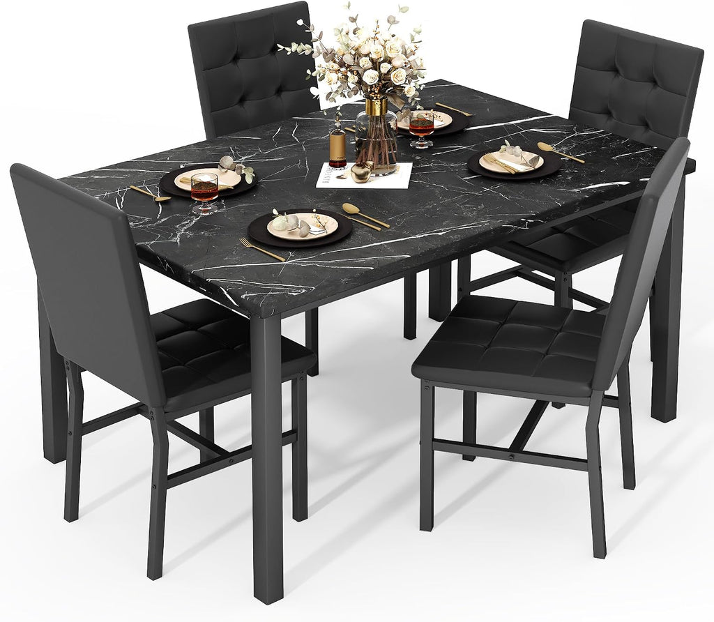 AWQM Dining Table Set for 4,Faux Marble Kitchen Table and Chairs Set of 4, Modern Dining Room Table Set for 4,Dinner Table with 4 Leather Chairs, Dinette Set for Small Spaces (Black&Black)