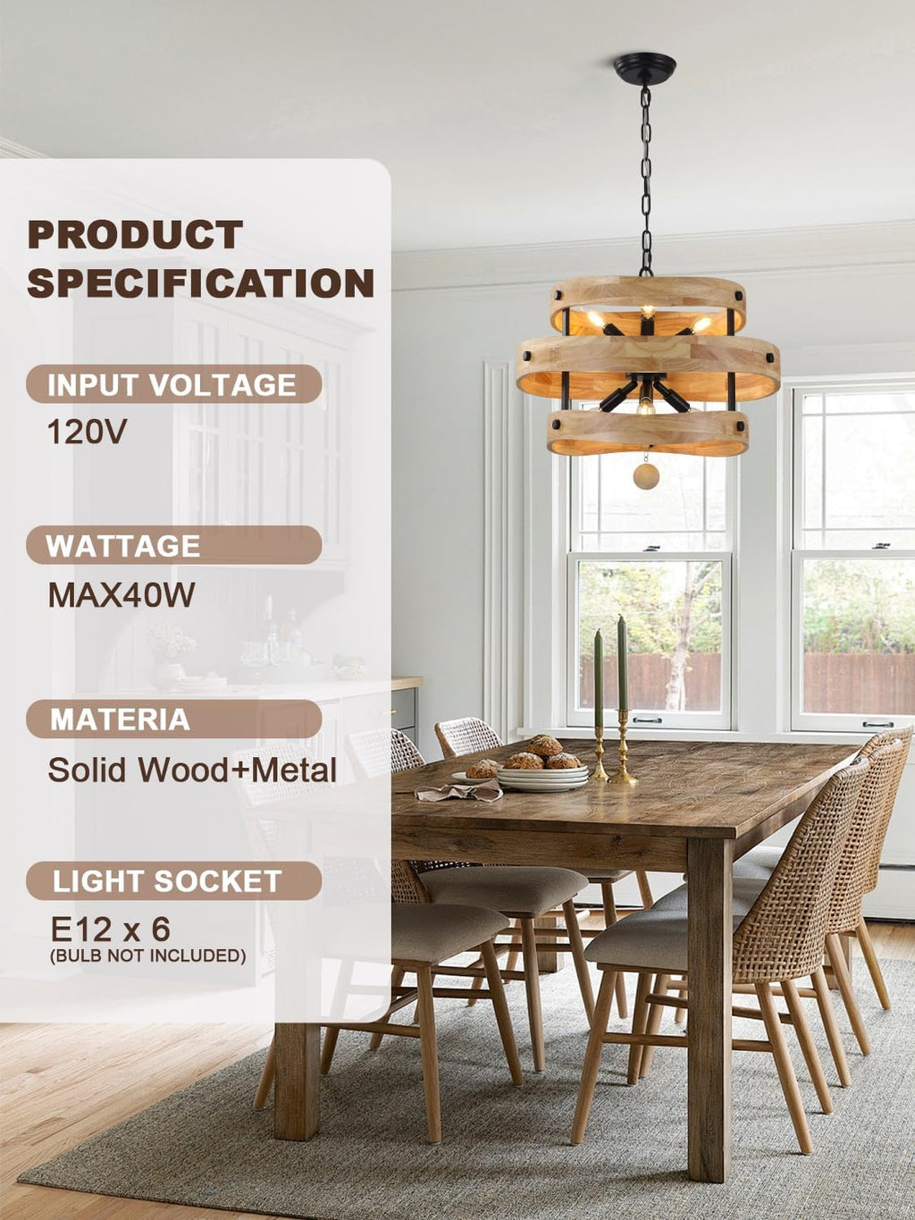 20' Farmhouse Chandeliers for Dining Room 6-Light Solid Wood French Country Rustic Chandelier Light Fixtures Over Table for Kitchen Entryway Foyer Bedroom Living Room