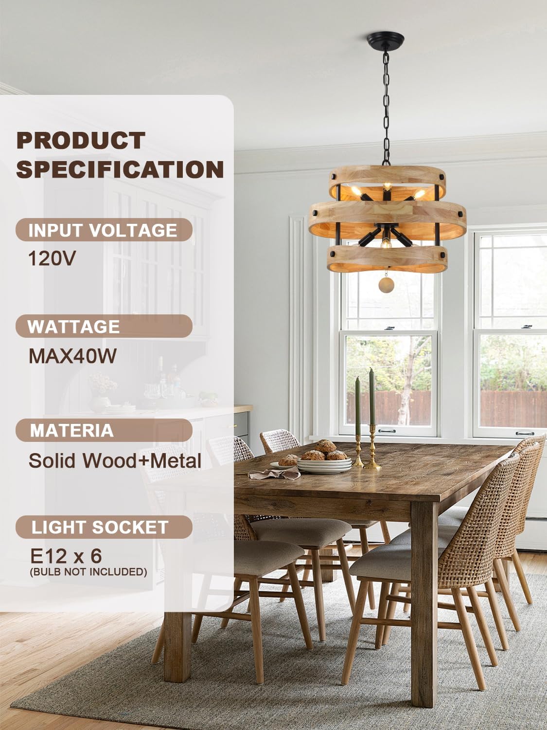 20' Farmhouse Chandeliers for Dining Room 6-Light Solid Wood French Country Rustic Chandelier Light Fixtures Over Table for Kitchen Entryway Foyer Bedroom Living Room