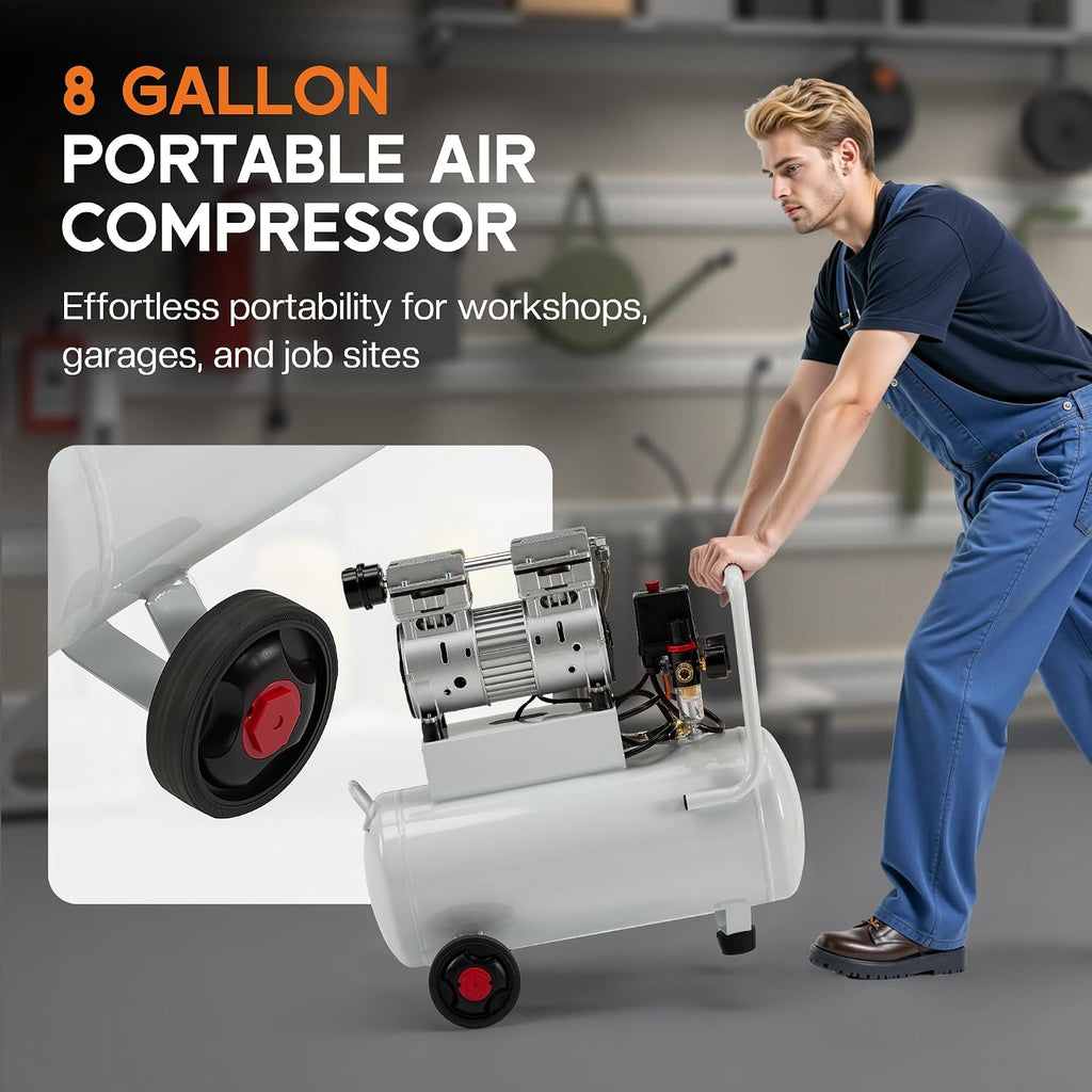 Albott 8 Gallon Oil-Free Air Compressor with Automatic Drain Valve | 1 HP Wheeled Tank Portable Garage Air Supply 70 dB Noise Level Pneumatic Tool Tire Inflation Use