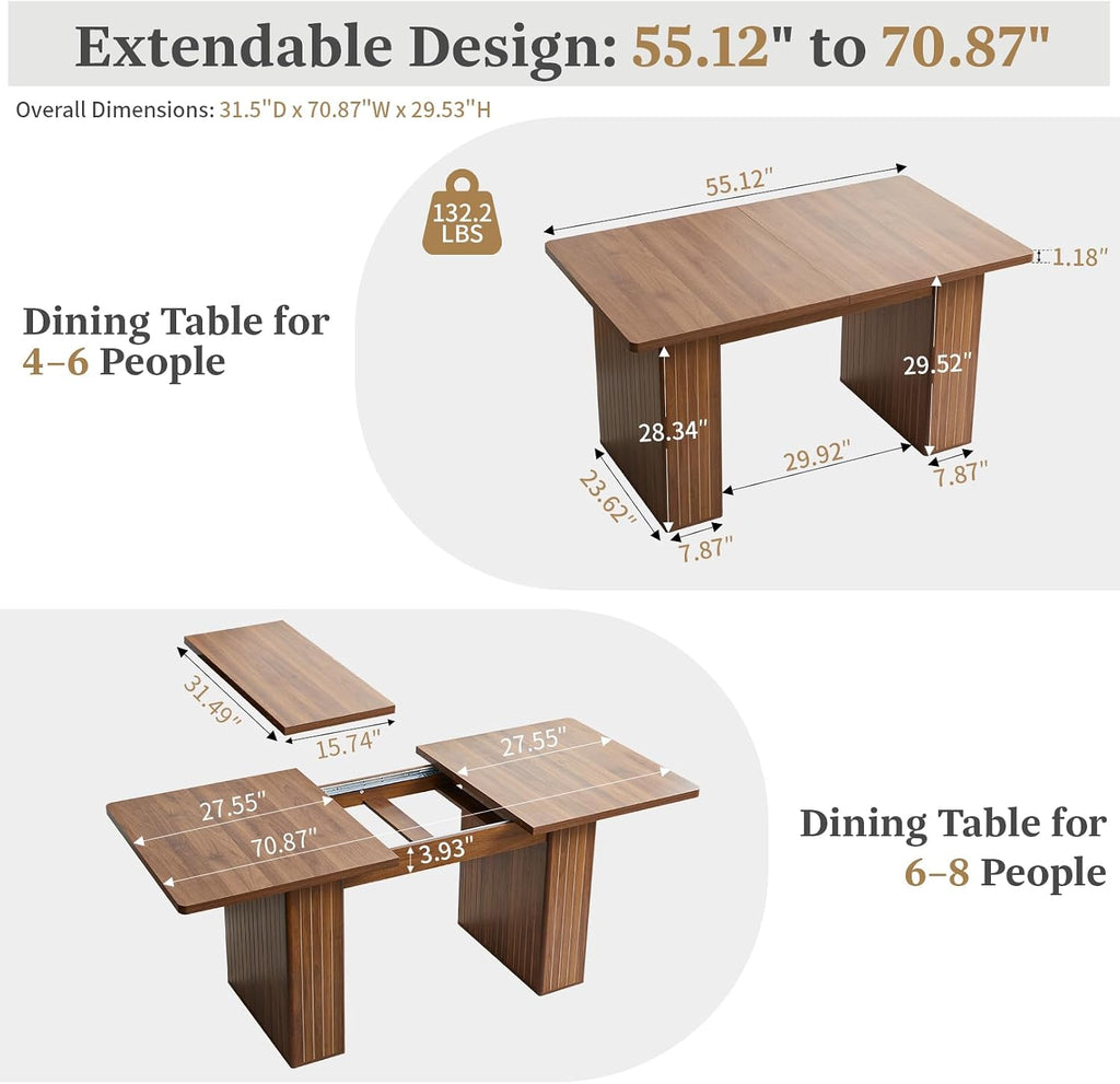 55 in–71 in Extendable Rectangular Dining Table for 4–6, Modern Farmhouse Expandable Kitchen Table with Carved Line Base, Wooden Dinner Table for Kitchen Living Room Home Office (Walnut)