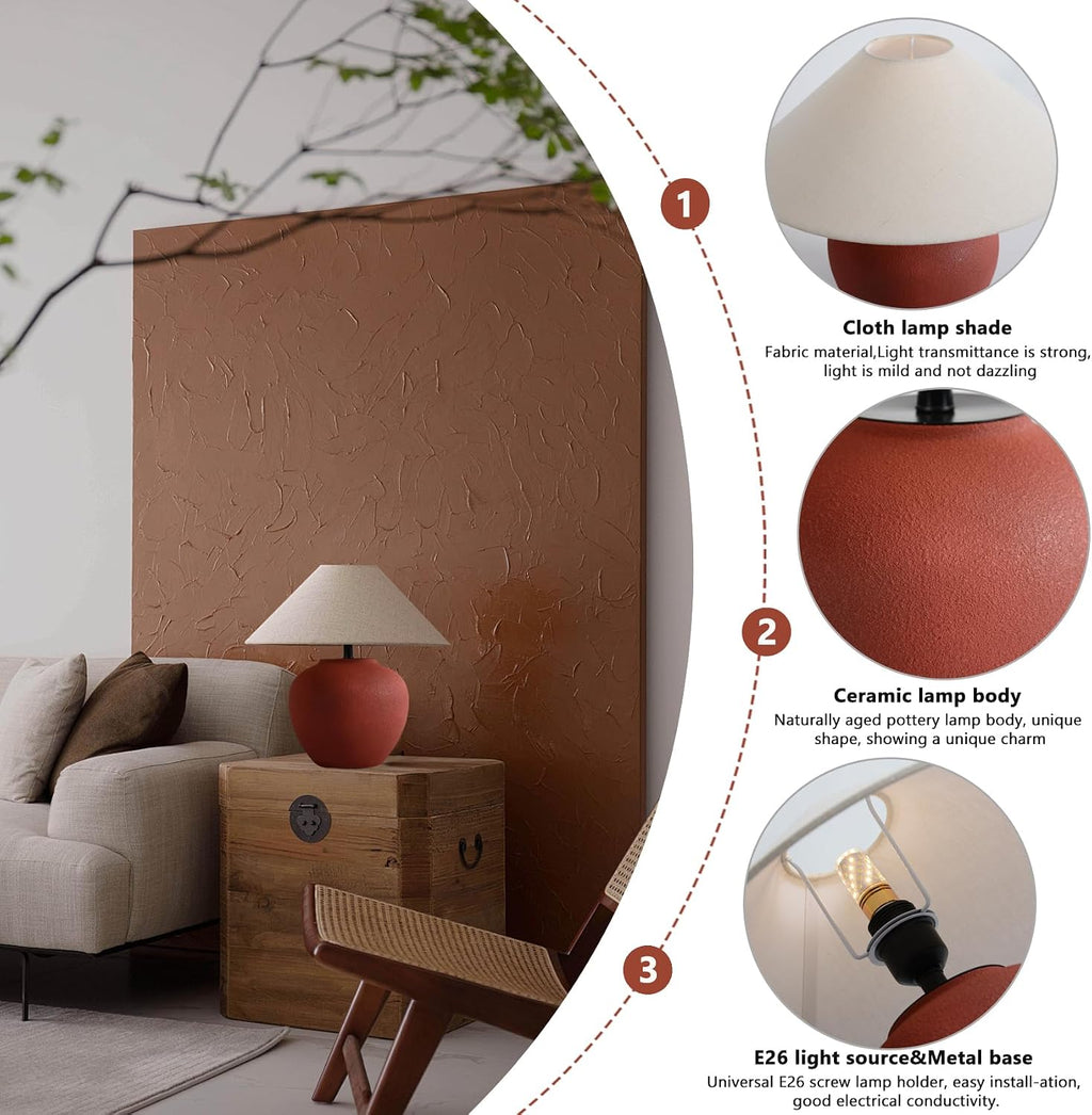 Farmhouse Table Lamp Red 18.8' Ceramic Table Lamp Southwestern Natural Red Clay Pot Lampbody with Beige Linen Shade Nightstand Lamp for Bedroom Living Room Entryway (D16.5*H18.8(Large))