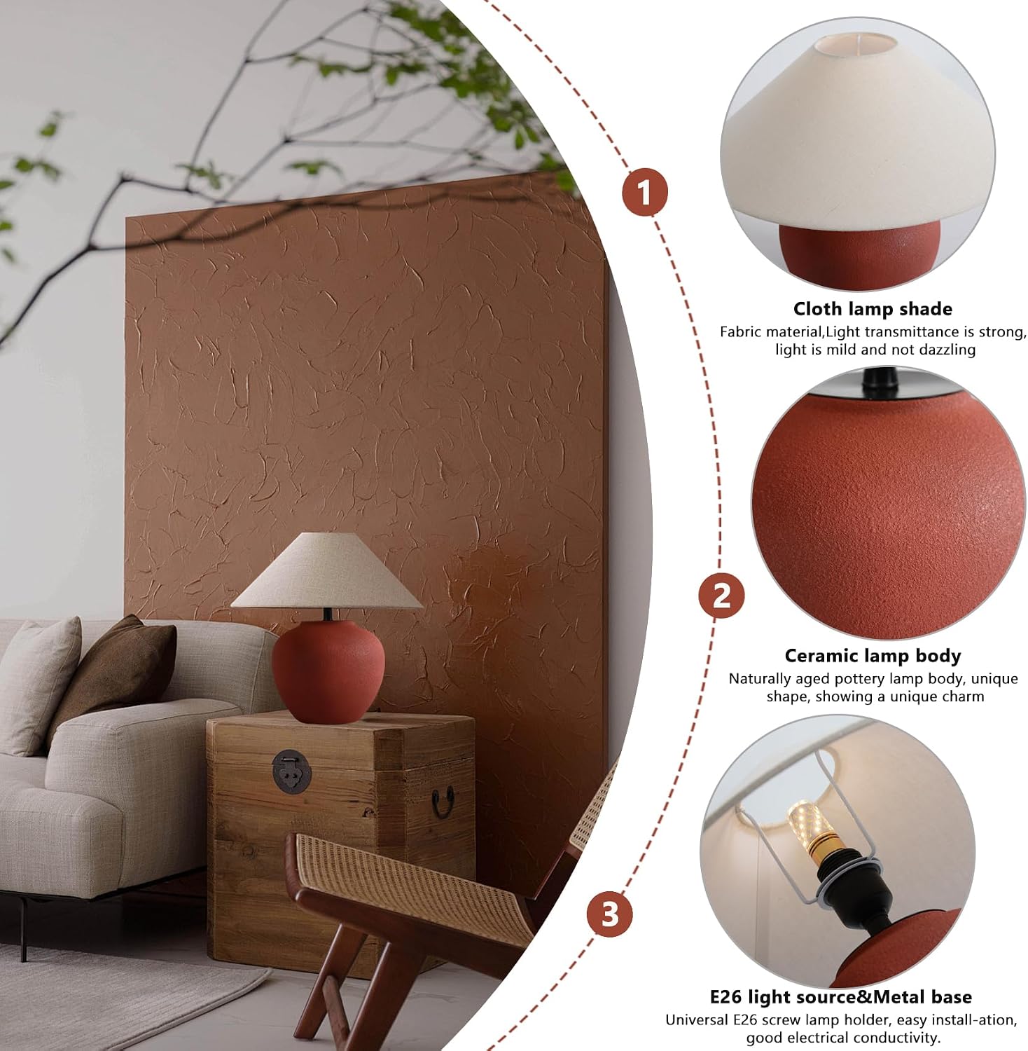 Farmhouse Table Lamp Red 18.8' Ceramic Table Lamp Southwestern Natural Red Clay Pot Lampbody with Beige Linen Shade Nightstand Lamp for Bedroom Living Room Entryway (D16.5*H18.8(Large))