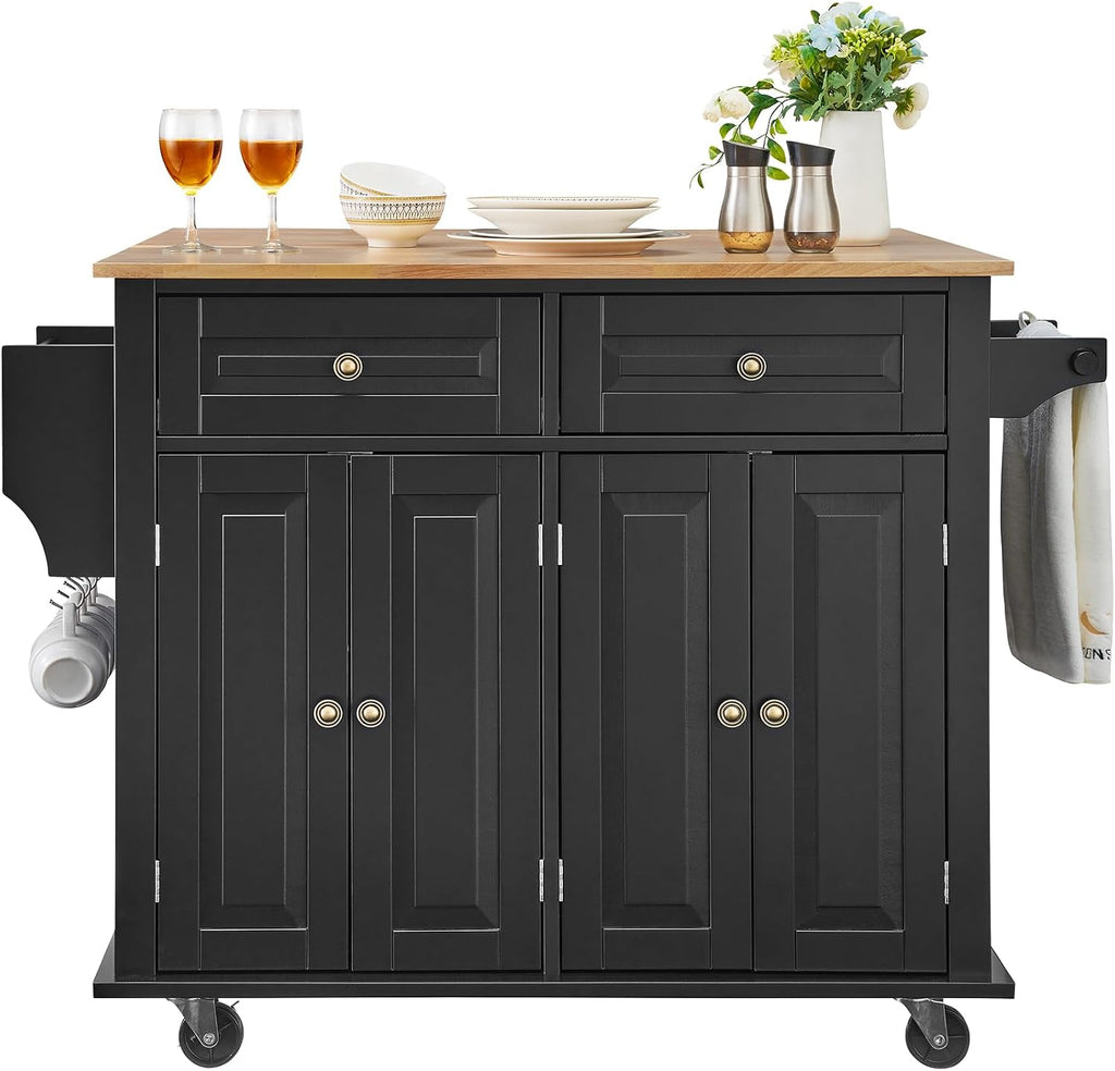VEVOR Kitchen Island Cart, 35' Wood Top Mobile Carts with Storage Cabinet, Rolling Table with Drop Leaf, Spice Rack, Towel Bar, Adjustable Shelf, Drawer, and Hooks, Portable Islands on Wheels, Black
