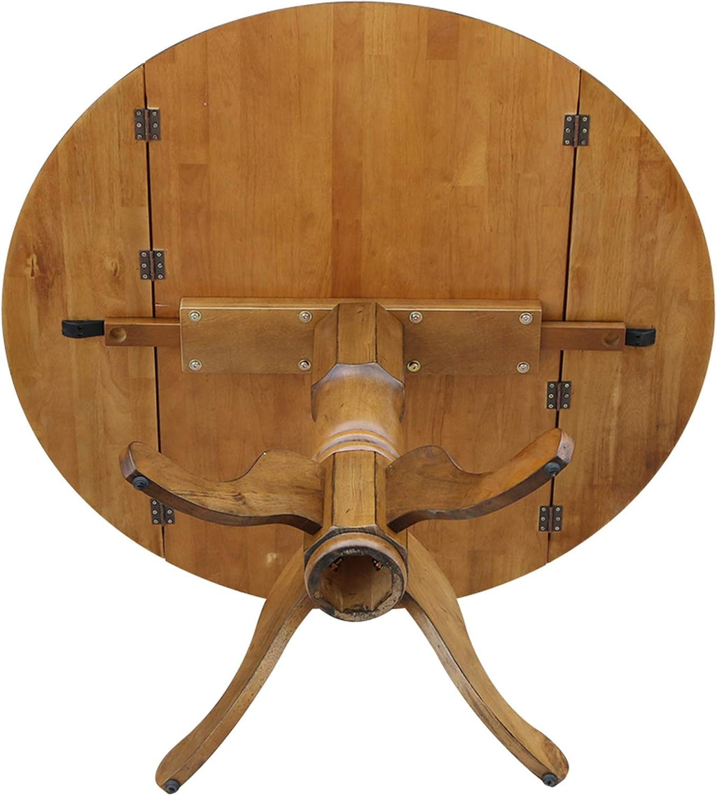42' Round Dual Drop Leaf Pedestal Dining Table Solid Wood, Easy Assembly, Sturdy Parawood, Kitchen/Dining Room, 29.5'H x 42'W x 42'D, 20mm Thickness Top, Includes Two 9' Drop Leaves