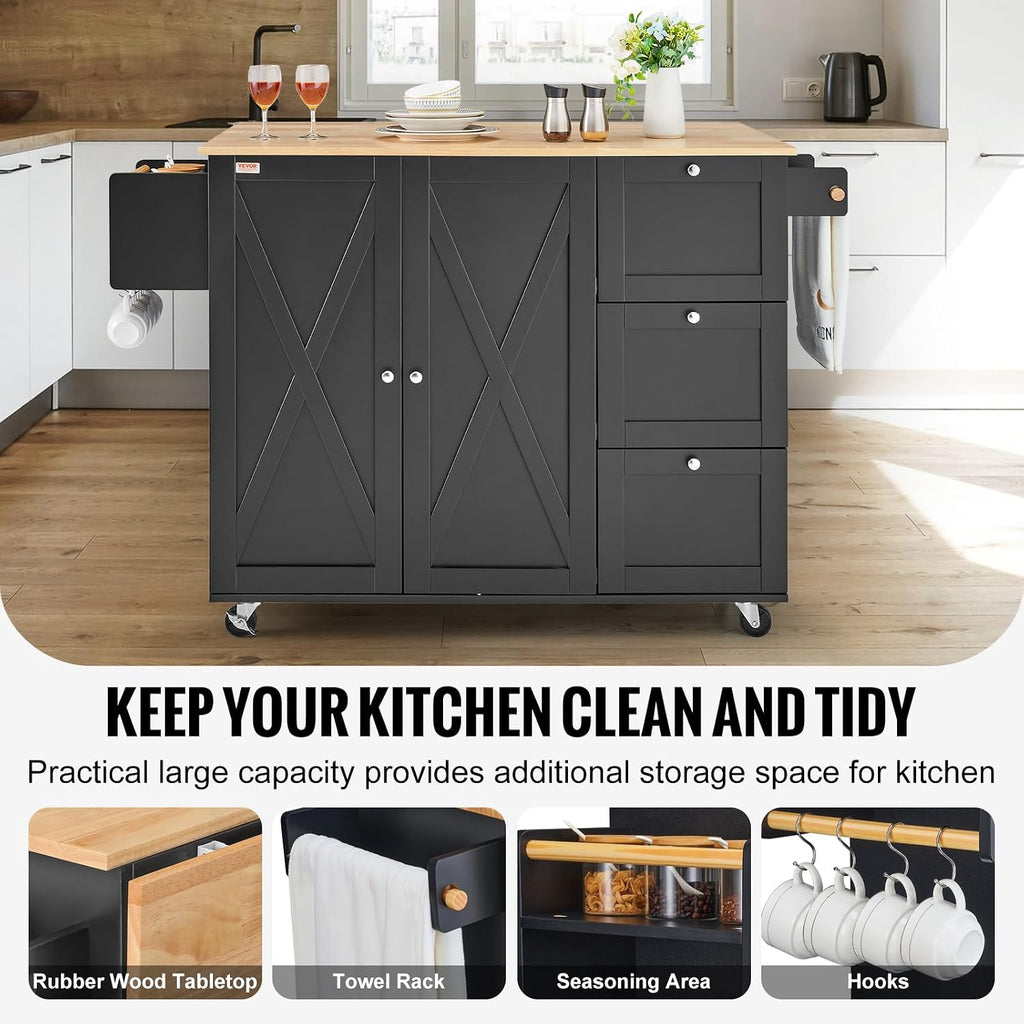 VEVOR Kitchen Island Cart, Rolling Table with Drop Leaf, Spice Rack, Towel Bar, Adjustable Shelf, Drawer, and Hooks, Mobile Island on Wheels, Mobile Carts with Storage Cabinet, 45.3' Wood Top, Black