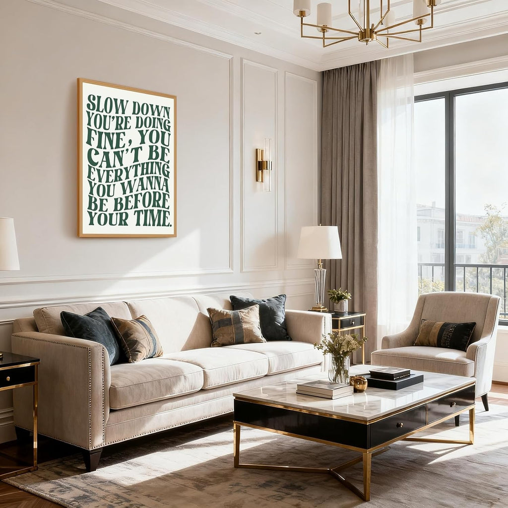 Slow Down Youre Doing Fine Music Posters Green Wall Art Canvas Print Daily Reminder Positive Affirmations Song Lyric Poster Trendy Inspirational Quote Decor for Bedroom Dorm 24x36inch Wooden frame