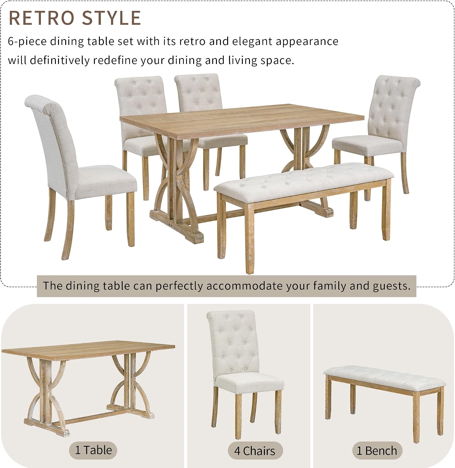 Merax 6-Piece Solid Wood Dining Table Set for 6, Rectangular Kitchen Room Table Set with 1 Bench and 5 Upholstered Chairs for Dining Room & Kitchen, Natural Wood Wash