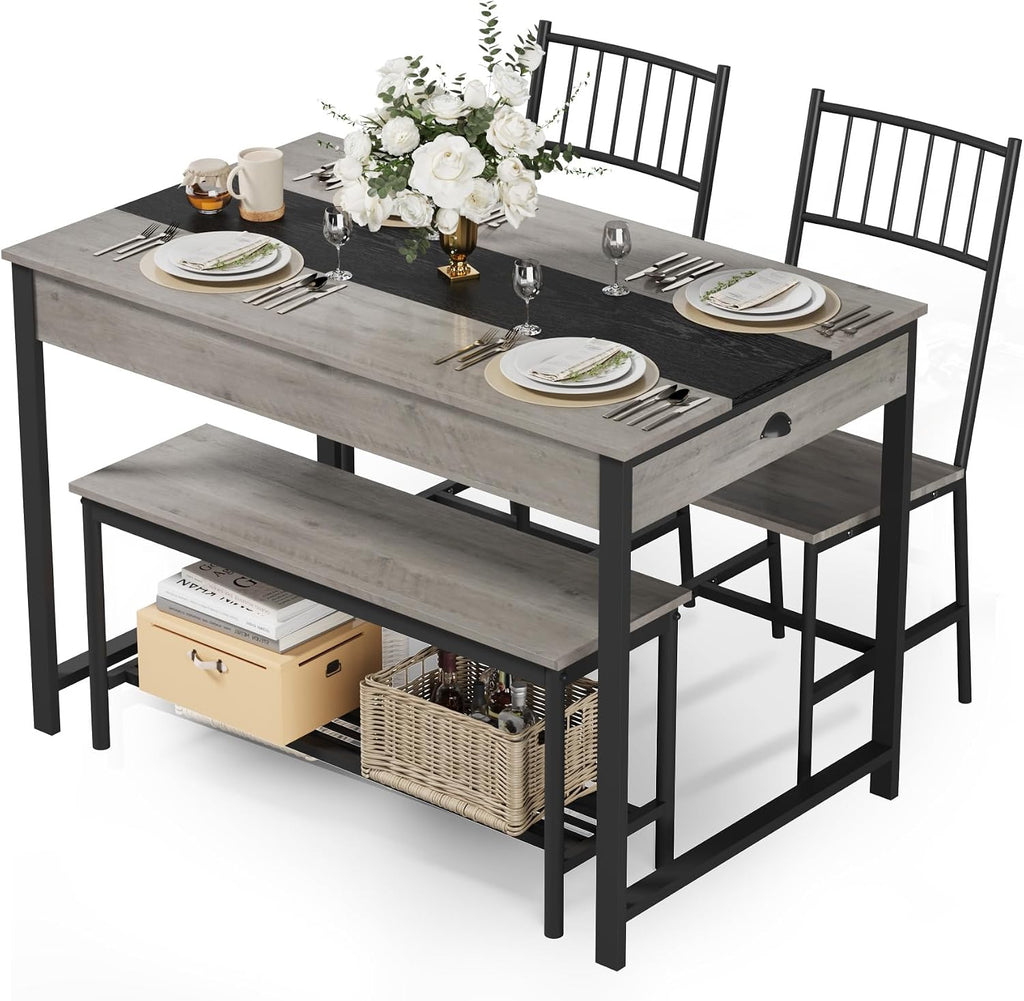 GarveeHome Dining Table Set for 4, Small Kitchen Table and 2 Chairs for 4 with Bench, Space Saving Kitchen Table Set with Storage Rack & Drawers, Breakfast Nook Rectangular Farmhouse Table Set, Grey