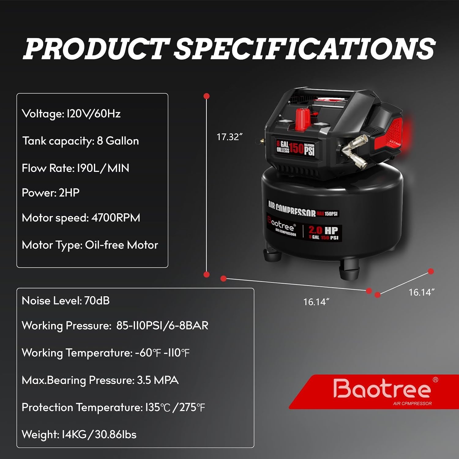 8 Gallon Portable Air Compressor, 2HP Motor 2.8SCFM@90 PSI,3.8SCFM@40PSl Max 150PSI Oil Free Air Compressor Tank, Garage Air Compressors for Car Repair, Spray Painting, Woodwork Nailing
