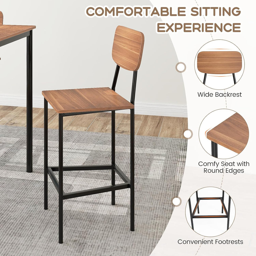Giantex 5-Piece Dining Table Set W/Counter Height Table & 4 Bar Stools, Industrial Kitchen Dining Table Set W/Footrest & Backrest, Space-Saving Dinette Set for Pub, Dining Room, Restaurant (Teak)