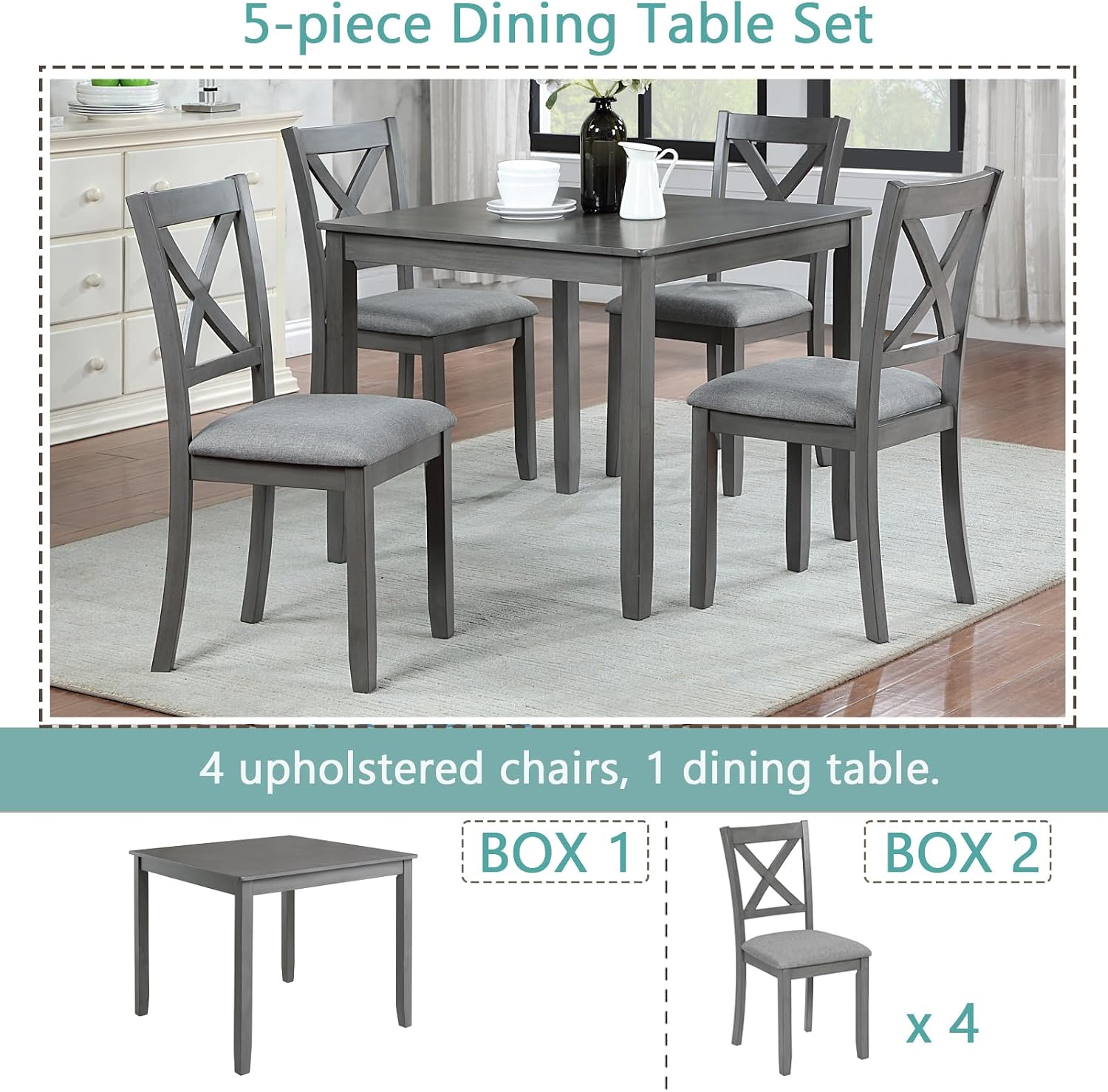 Harper & Bright Designs Modern 5-Piece Wooden Dining Table Set for 4, Grey Square Kitchen Table & 4 Upholstered Seating Chairs, Acacia/Birch Veneer, Space-Saving Design for Dining Room & Small Spaces