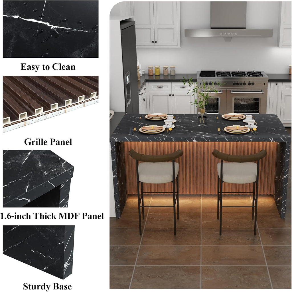 63' Large Imitation Marble Dining Table for 4-6 People(Patent Pending),Island Table with LED Lights,Mordern Marble Stripes Kitchen Dining Table with Grille design for Dining Room,Living Room (Black)