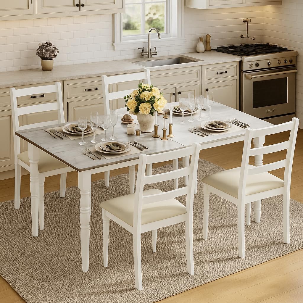 YITAHOME 5-Piece Dining Table Set for 4, Farmhouse Dining Room Table with Chairs Faux Leather Upholstered, Rectangular Kitchen Dinner Table Set for Small Spaces & Apartment, White Grey