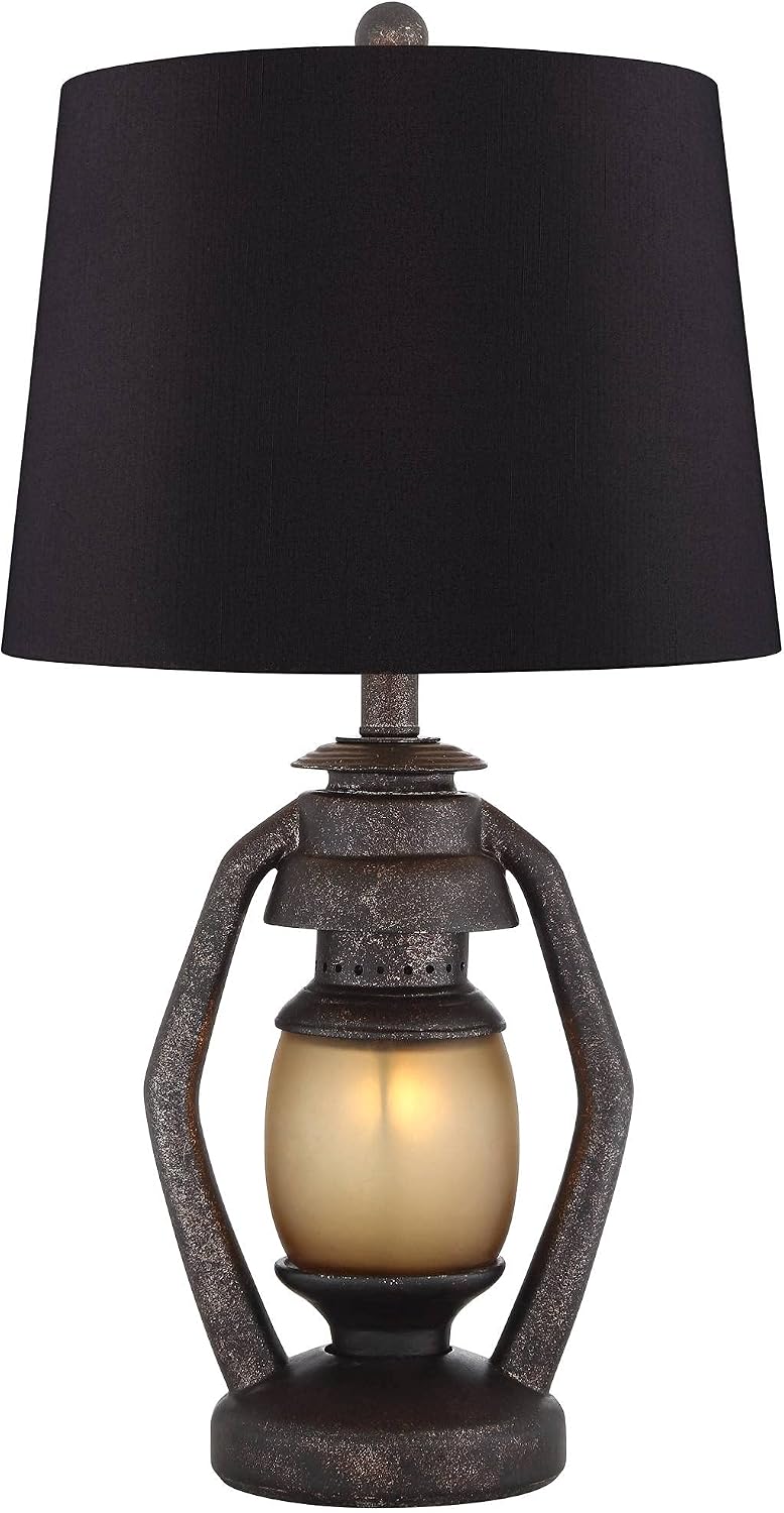 Franklin Iron Works Horace Rustic Farmhouse Industrial Table Lamps 25.25' High Set of 2 with Nightlight Bronze Black Faux Silk Drum Shade for Living Room Bedroom House Bedside Nightstand Home
