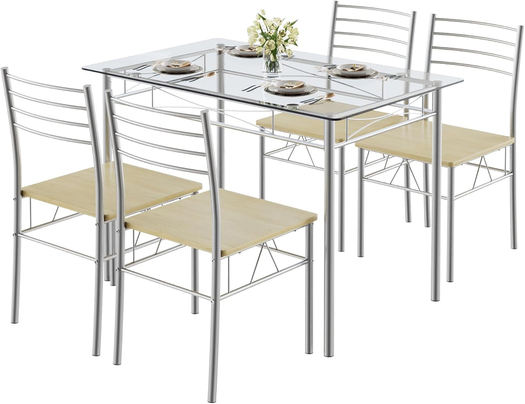 VECELO Dining Table Set for 4, 5-Piece Glass Kitchen Table with Chairs for Small Space, Breakfast Nook, Space-Saving, Silver