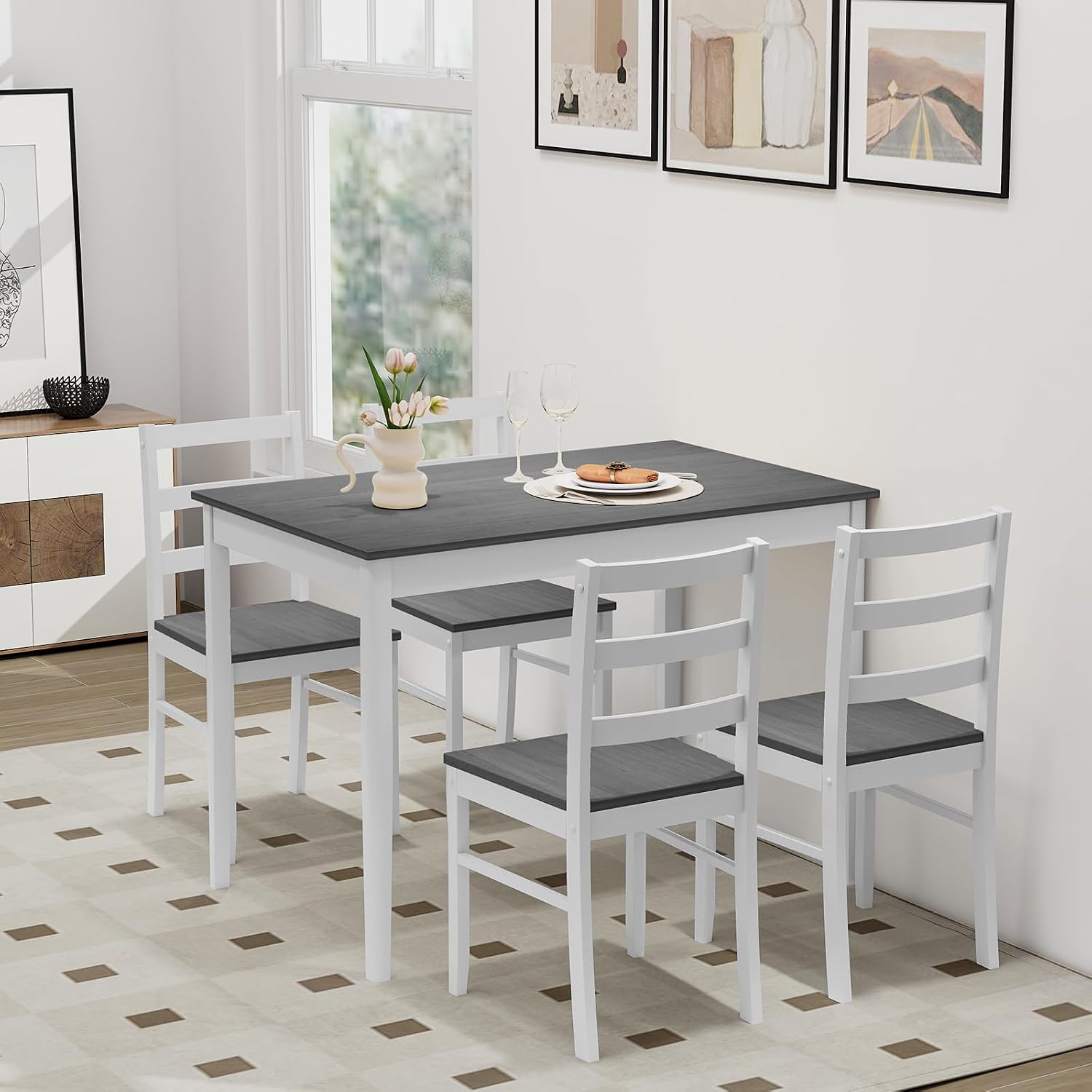Giantex 5-Piece Dining Table Set for 4, 45' Rectangular Kitchen Table and Chairs Set with Solid Rubber Wood Legs, Space Saving Dinette Set for Small Space, Breakfast Nook, Restaurant (Grey)