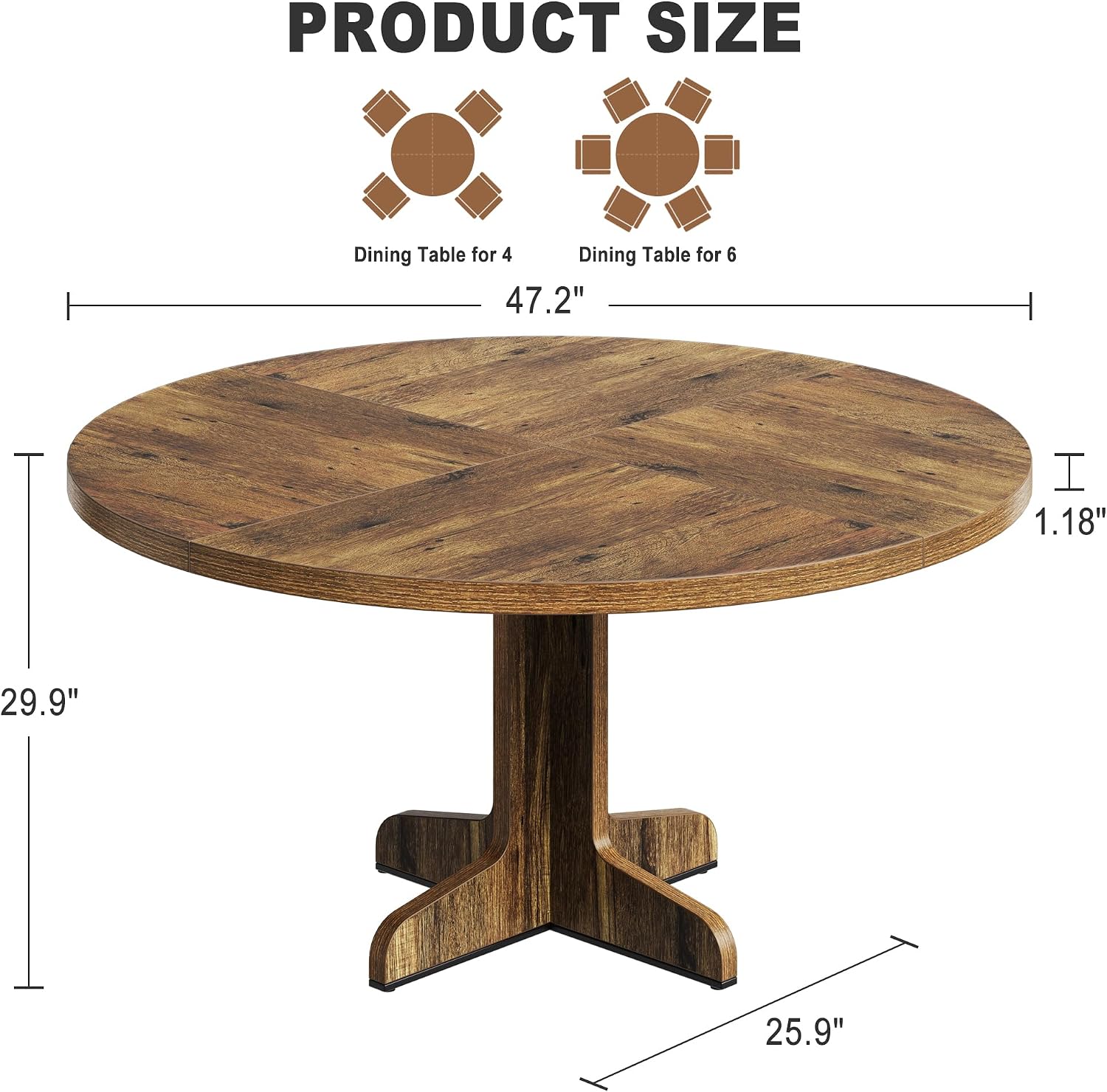 IDEALHOUSE Round Dining Table for 4, 47 Inches Circle Dining Room Table with Wooden Base for Kitchen, Living Room (Table Only), Brown