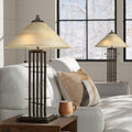 Franklin Iron Works Metro Collection 23 1/2' High Planes 'n' Posts Small Farmhouse Rustic Modern Accent Table Lamps Set of 2 Pull Chain Metal Amber Art Glass Shade Living Room Bedroom Bedside