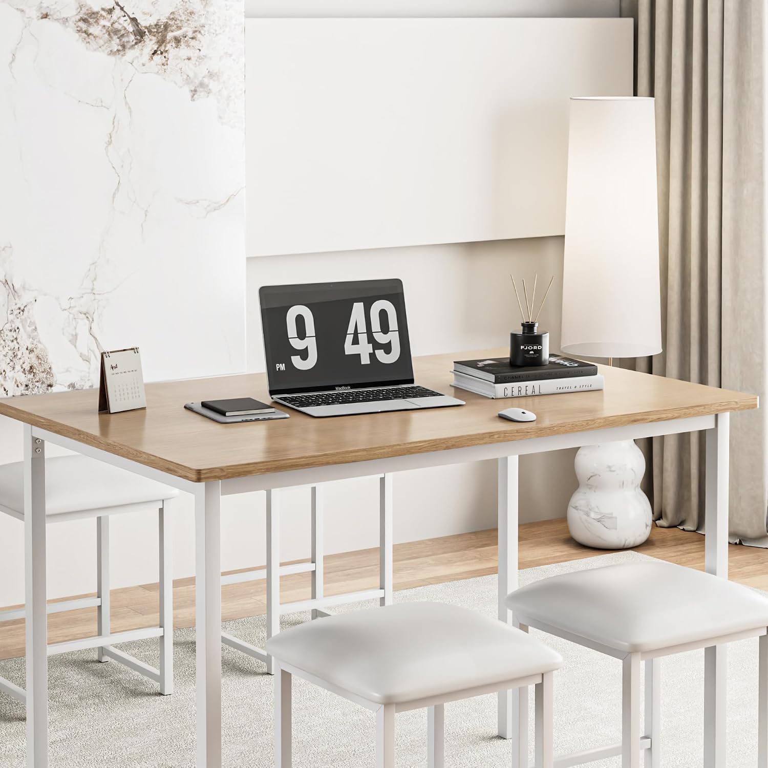 VECELO Kitchen Table and Chairs for 4, Dining Room Set with PU Chairs/Stools, Heavy-Duty Metal Frame, Wooden Tabletop, Space-Saving Design for Small Spaces, Easy Assembly, Oak