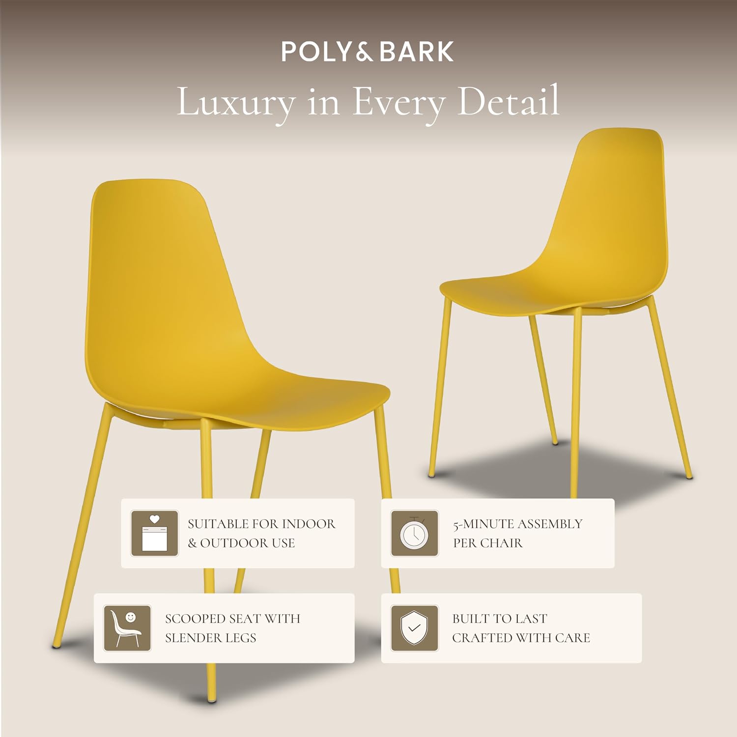 Poly & BARK Isla Modern Kitchen Chairs Set of 4 - Plastic Dining Chair with Metal Legs - Quick Assembly Simple Cafe Chairs Plastic for Indoor or Outdoor - Sunburst Yellow