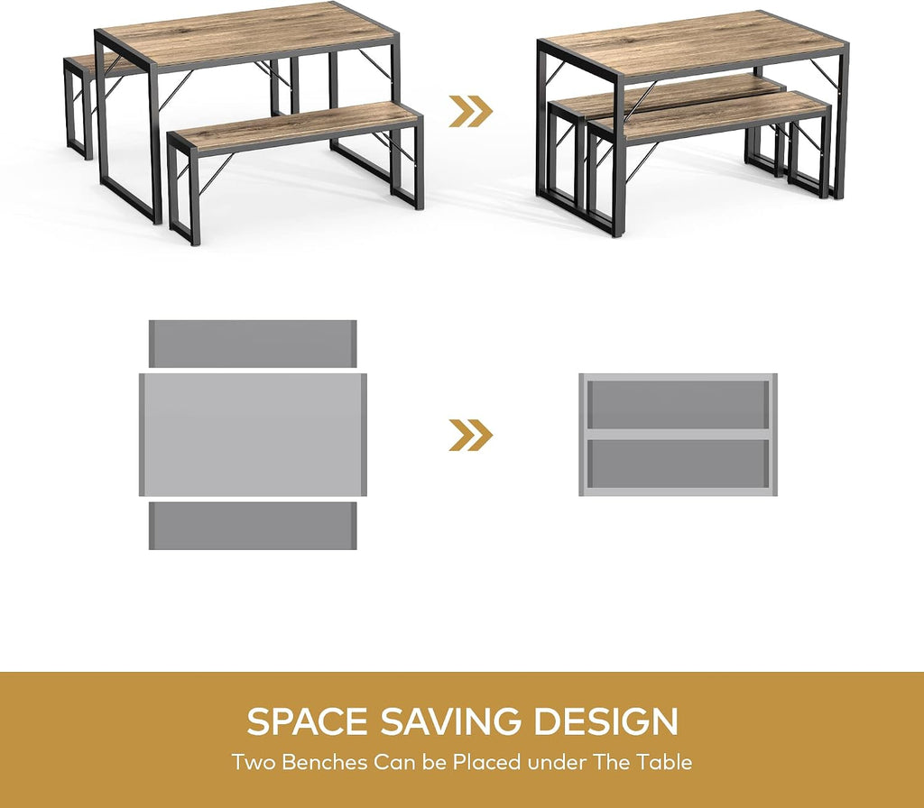 Gizoon 45.5' Dining Table Set for 4 with 2 Benches, Kitchen Table Set with Metal Frame & MDF Board, Space-Saving Dinette for Kitchen, Dining Room -Grey