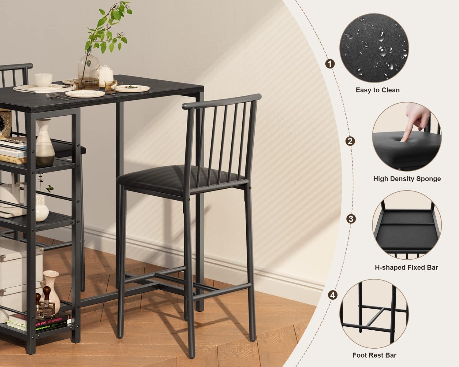 Gizoon Dining Table Set for 2 with 3 Storage Shelves, Kitchen Table and Chairs for 2 with Pu Cushion Chairs & Thick Wood Top, 3 Piece Dining Table Set for Small Space, Apartment - Black
