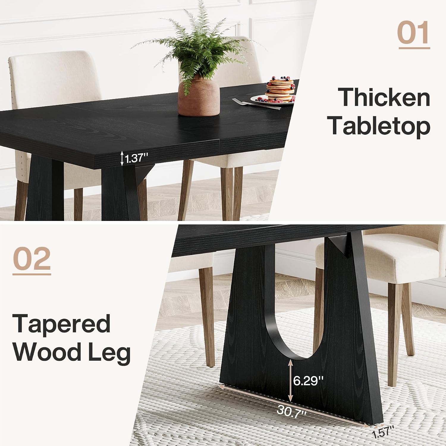Tribesigns Large Dining Table for 6-8 People, 70.9-Inch Wood Rustic Rectangular Table with Black Wooden Legs, Farmhouse Center Kitchen Table for Dining Room, Living Room, Home Furniture, Black