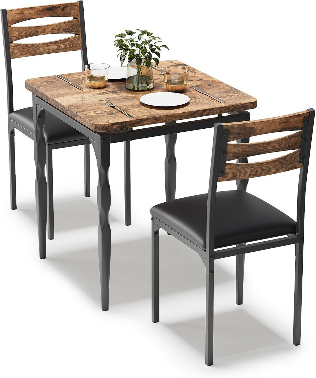 GarveeHome Dining Table Set for 2, Dining Table and Chairs Set of 2, 3 Piece Dining Table Set with Spiral Table Legs for Small Spaces, Kitchen, Apartment, Brown