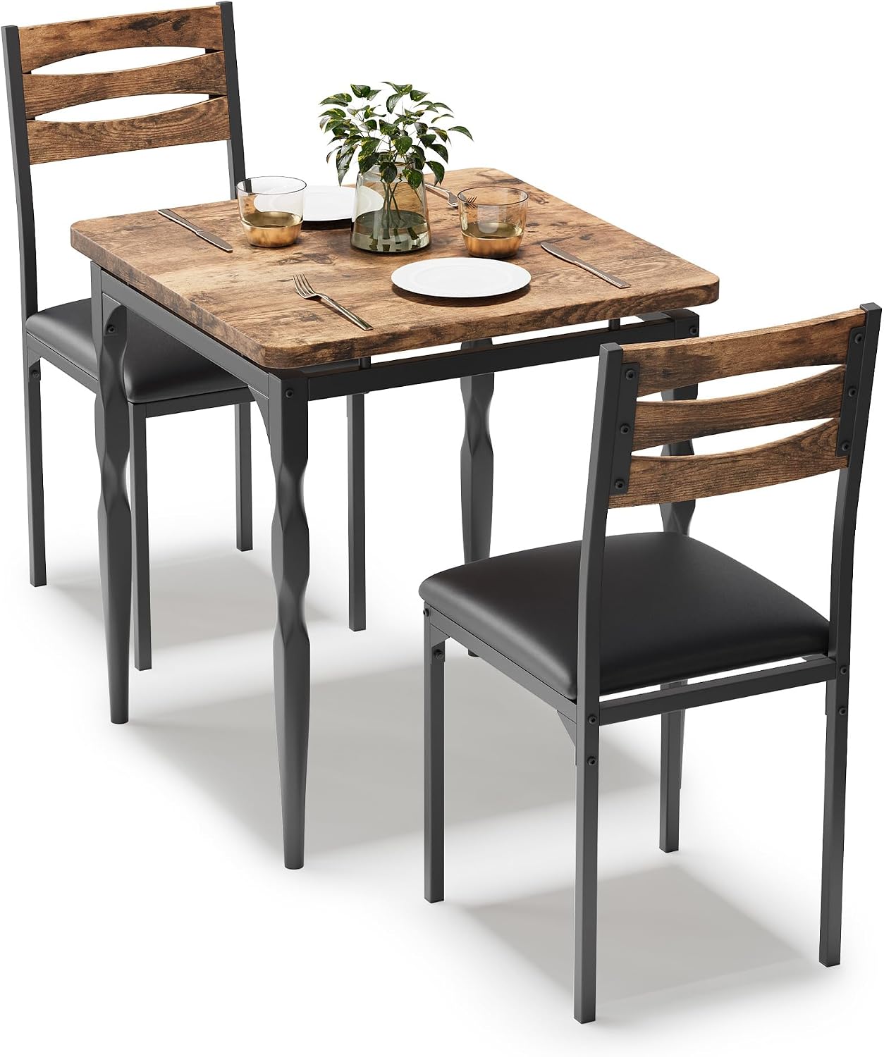 GarveeHome Dining Table Set for 2, Dining Table and Chairs Set of 2, 3 Piece Dining Table Set with Spiral Table Legs for Small Spaces, Kitchen, Apartment, Brown