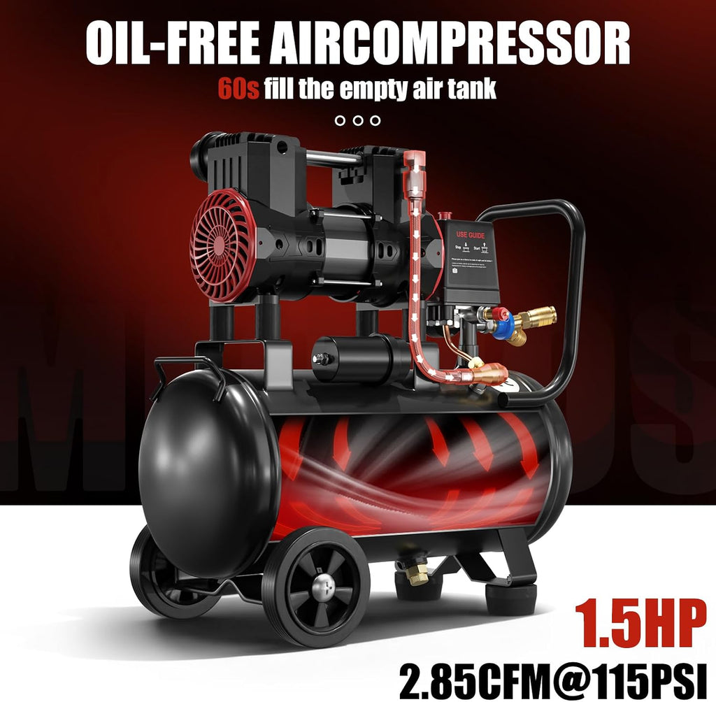 Portable Air Compressor with 8 Gallon Steel Tank, 1.5 HP 2.85 CFM @ 90 PSI, 116 Max PSI Oil-Free Air Compressor for Garage, Home Use, Tire Inflation, Nail Gun, DIY Projects,110V