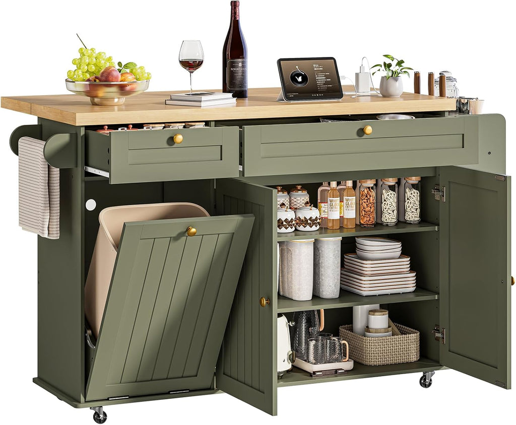 60' Kitchen Island with Power Outlet & Drop Leaf, Kitchen Rolling Island with Spice Rack & Towel Rack, Knife Holder, Kitchen Island Cart with Trash Storage Cabinet, Mobile Island Table for Kitchen