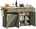 60' Kitchen Island with Power Outlet & Drop Leaf, Kitchen Rolling Island with Spice Rack & Towel Rack, Knife Holder, Kitchen Island Cart with Trash Storage Cabinet, Mobile Island Table for Kitchen