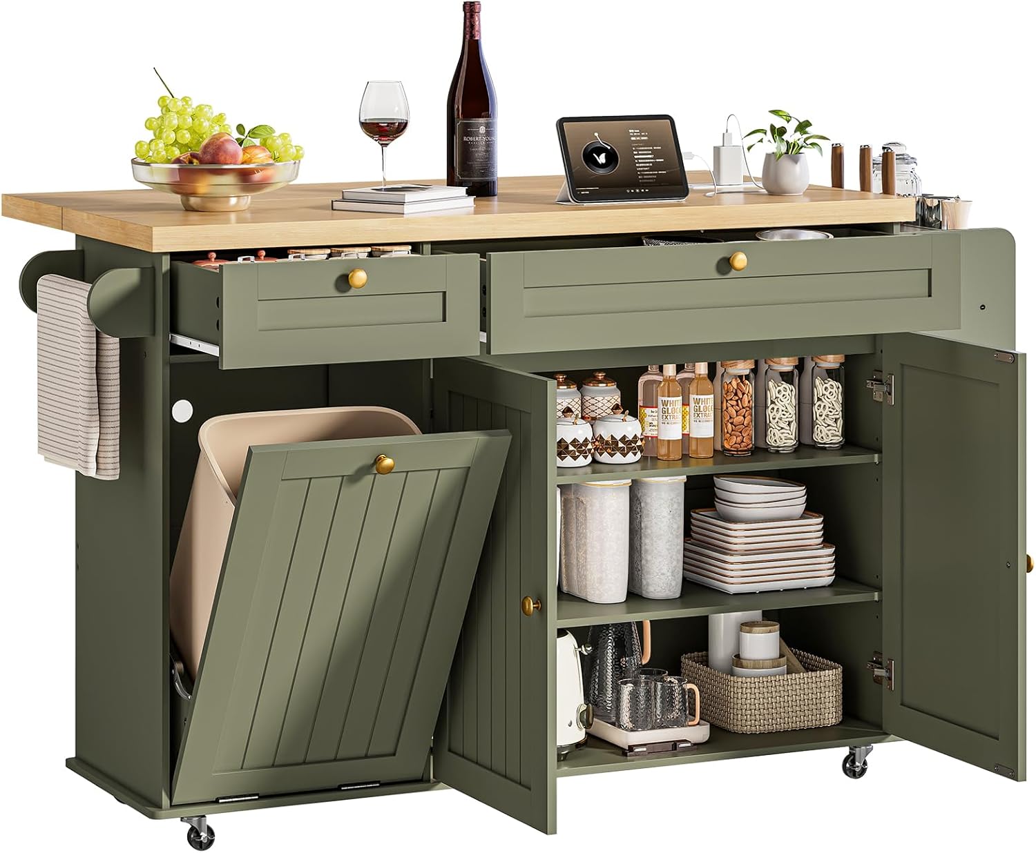 60' Kitchen Island with Power Outlet & Drop Leaf, Kitchen Rolling Island with Spice Rack & Towel Rack, Knife Holder, Kitchen Island Cart with Trash Storage Cabinet, Mobile Island Table for Kitchen
