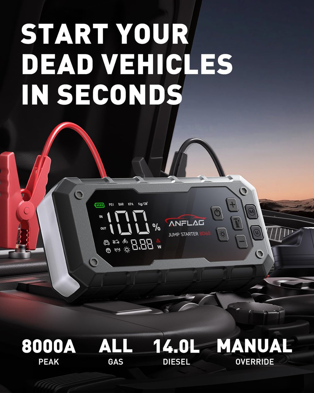 10-in-1 Car Jump Starter with Air Compressor, 8000A 160PSI Jump Starter Jump Box(All Gas/14L Diesel), PD65W Charging Battery Jumper Starter Portable Jumper Cable with 160W DC, Gloves, Lights